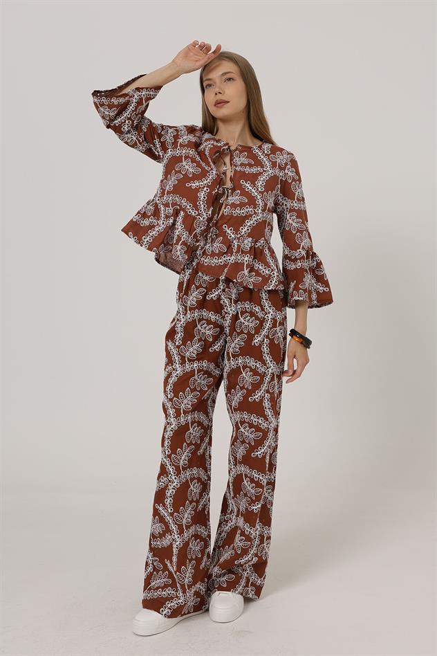 İşlemeli Oversize Pantolon - Kahve