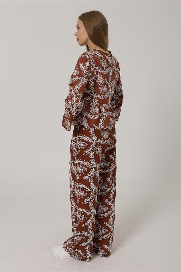 İşlemeli Oversize Pantolon - Kahve