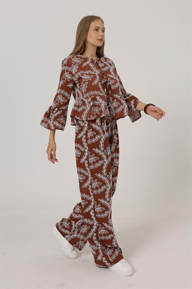İşlemeli Oversize Pantolon - Kahve