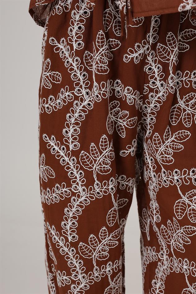 İşlemeli Oversize Pantolon - Kahve