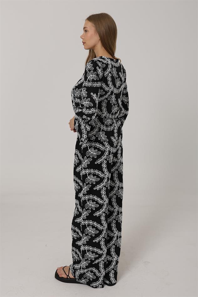 İşlemeli Oversize Pantolon - Siyah