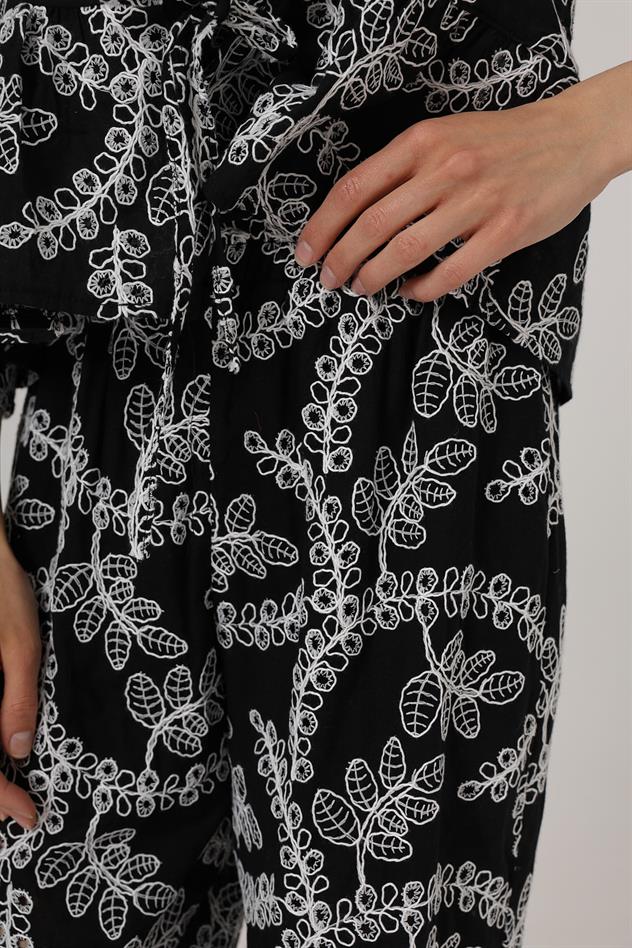 İşlemeli Oversize Pantolon - Siyah