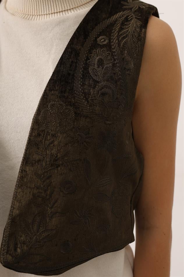 KADİFE NAKIŞLI YELEK - Haki