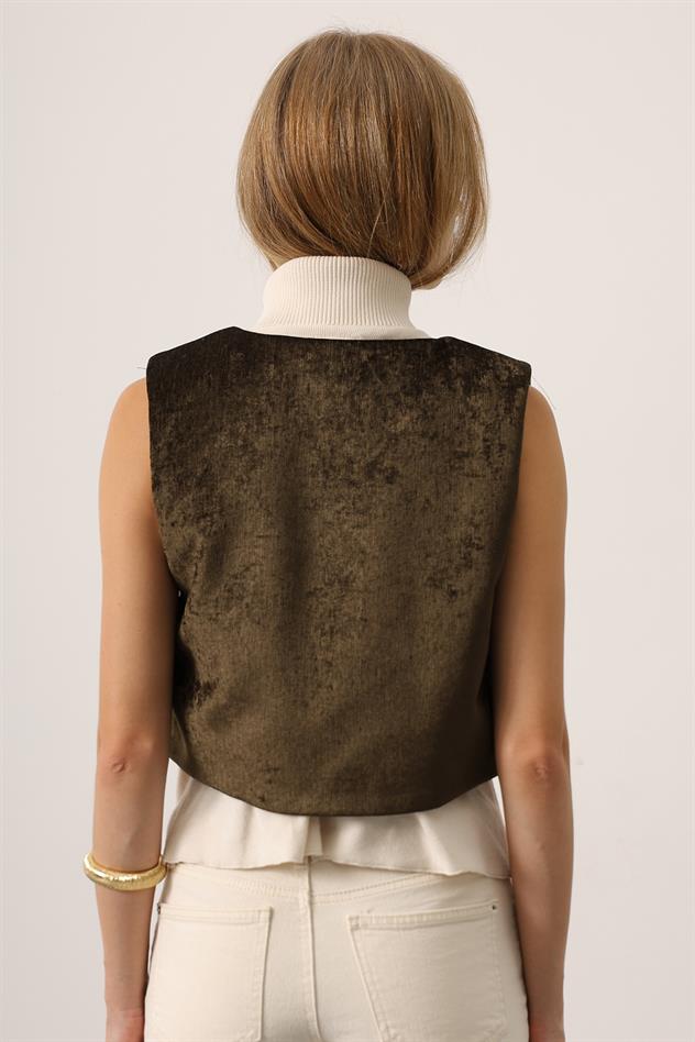 KADİFE NAKIŞLI YELEK - Haki