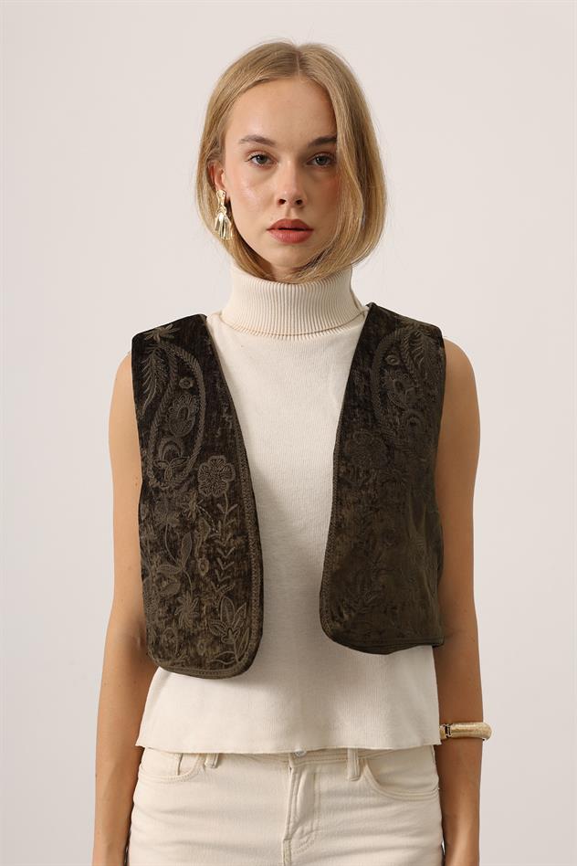KADİFE NAKIŞLI YELEK - Haki