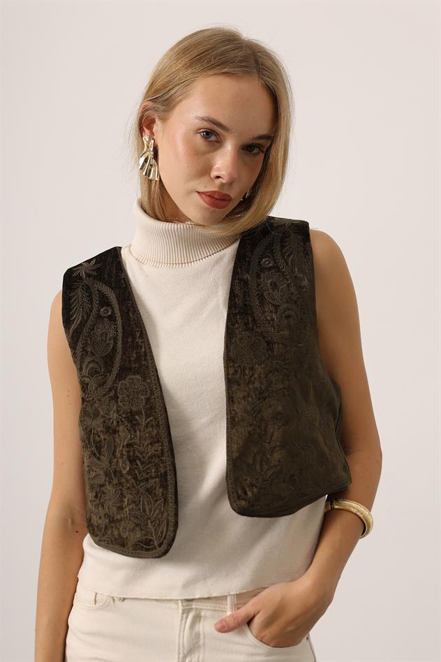 KADİFE NAKIŞLI YELEK - Haki