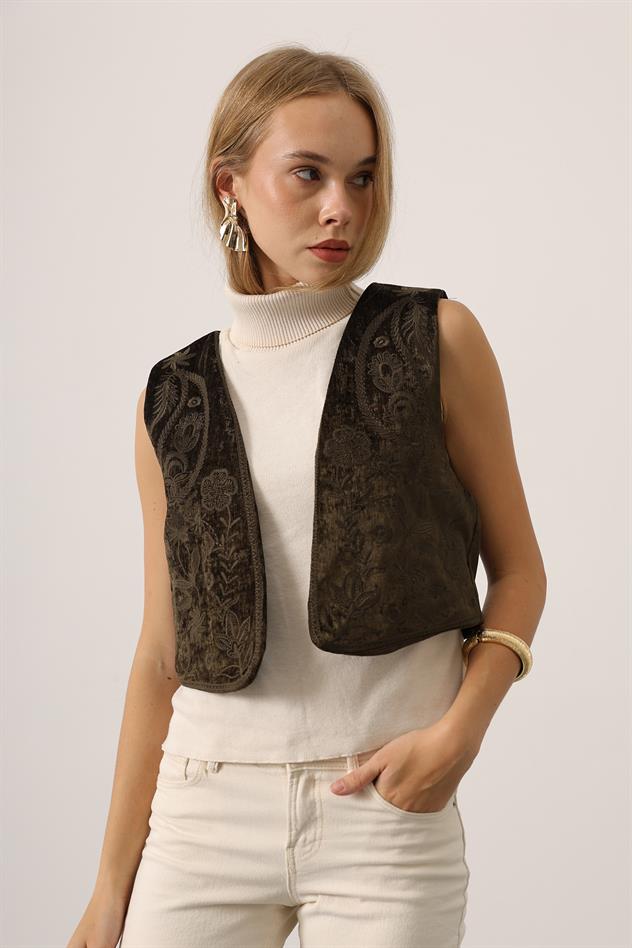 KADİFE NAKIŞLI YELEK - Haki