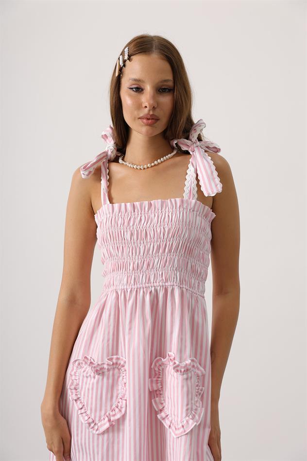 kalp detay çizgili şeker elbise - Pembe