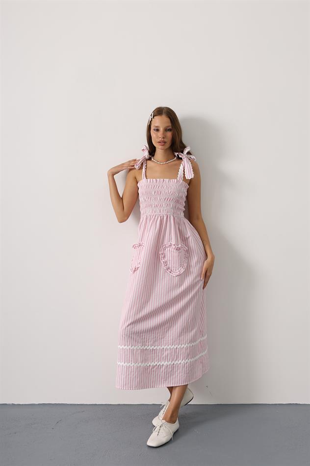 kalp detay çizgili şeker elbise - Pembe