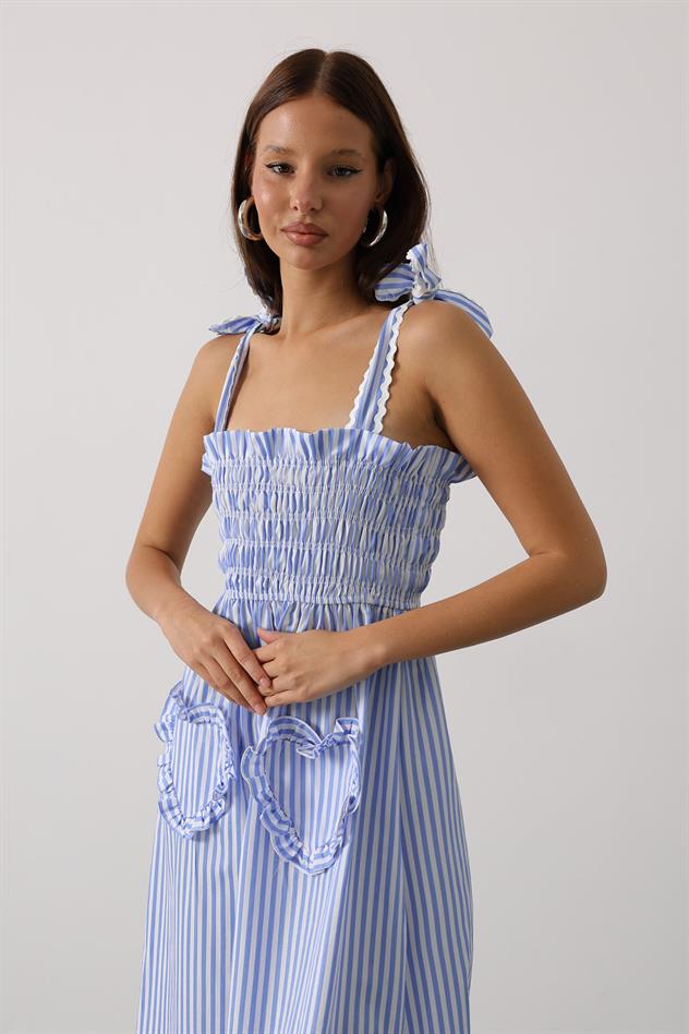 kalp detay çizgili şeker elbise - Mavi