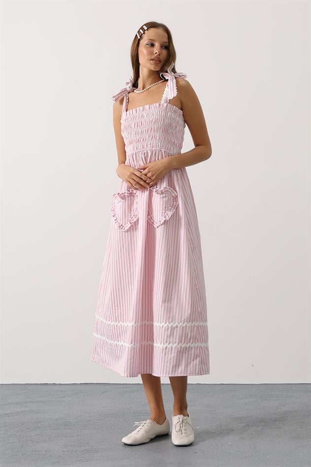 kalp detay çizgili şeker elbise - Pembe
