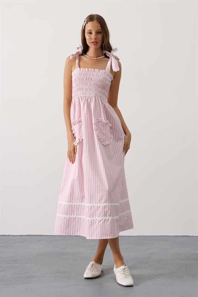 kalp detay çizgili şeker elbise - Pembe