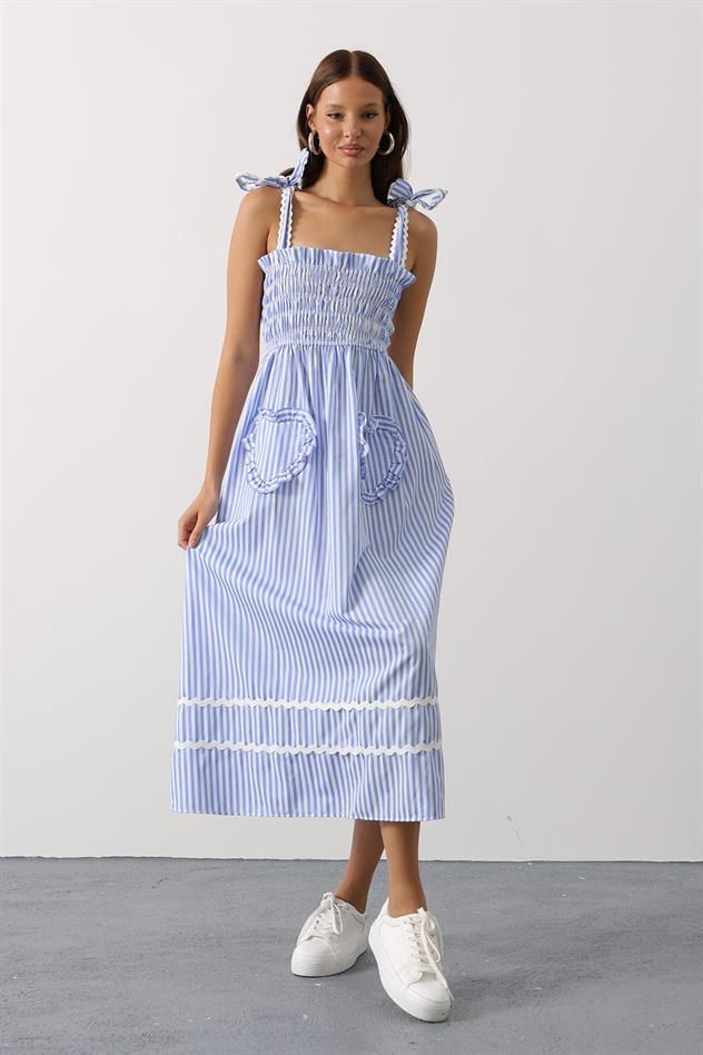 kalp detay çizgili şeker elbise - Mavi