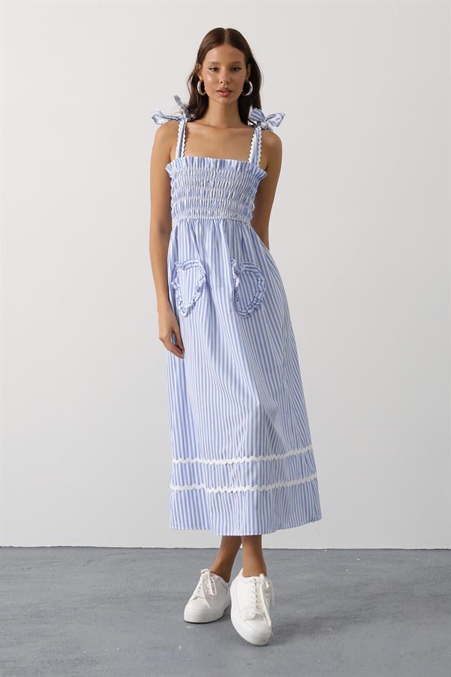 kalp detay çizgili şeker elbise - Mavi