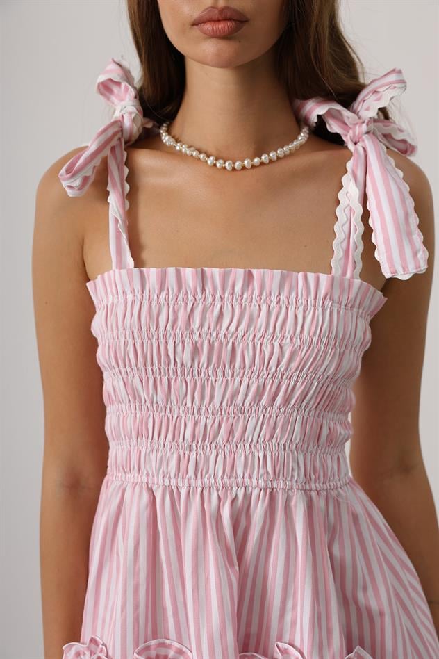 kalp detay çizgili şeker elbise - Pembe