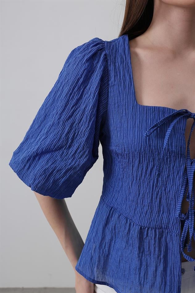 Kare Yaka Balon Kol Bluz - Mavi