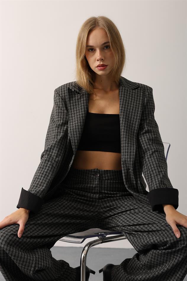 KARELİ BLAZER CEKETLİ TAKIM - Gri