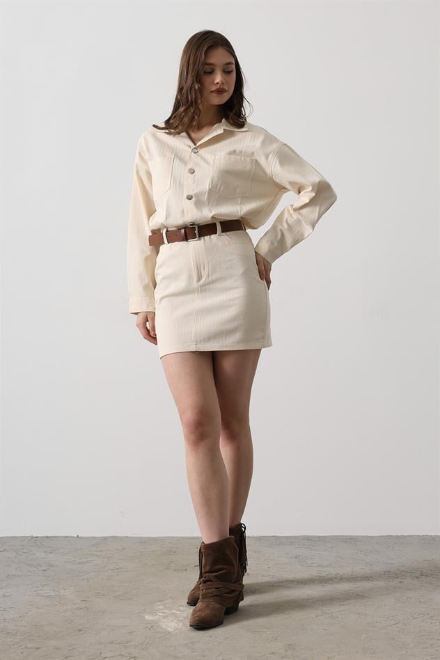 Kemer Detaylı Balıksırtı Gömlek Elbise - Natür