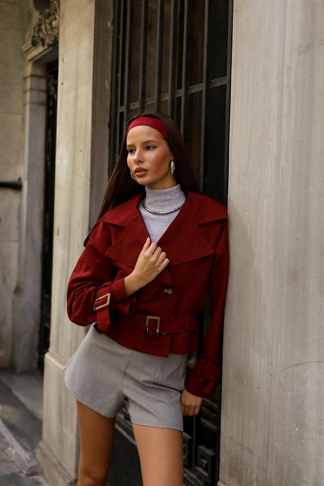 Kemer detaylı kısa trenç - Bordo