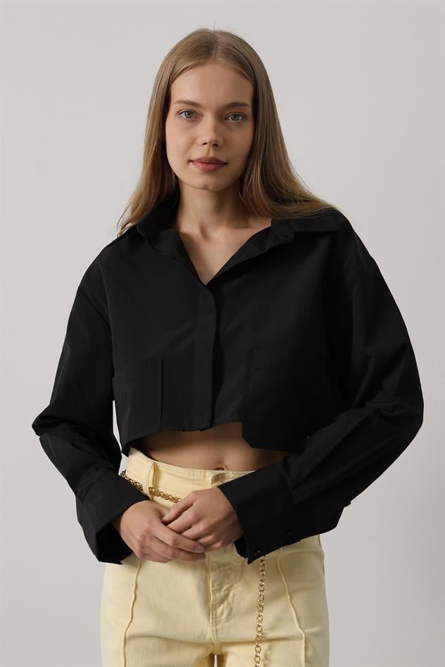 Kısa Boy Çift Cep Gömlek - Siyah