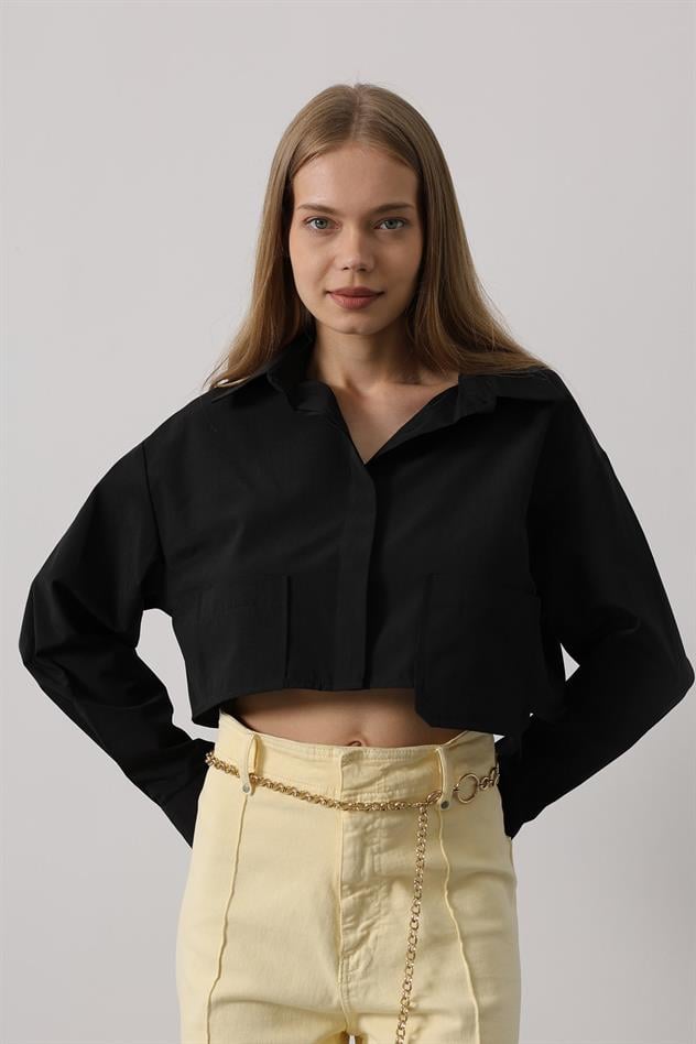 Kısa Boy Çift Cep Gömlek - Siyah