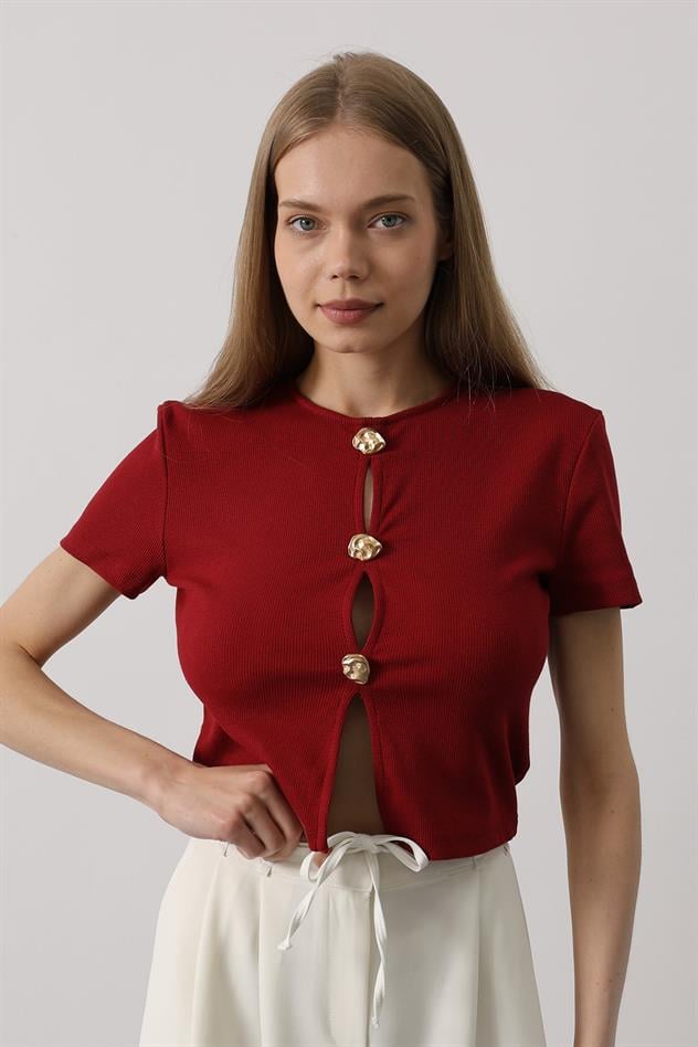 Kısa Kol Düğmeli Top - Bordo