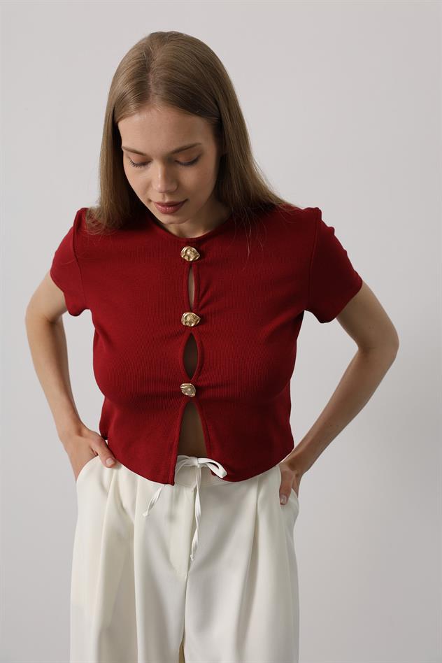 Kısa Kol Düğmeli Top - Bordo