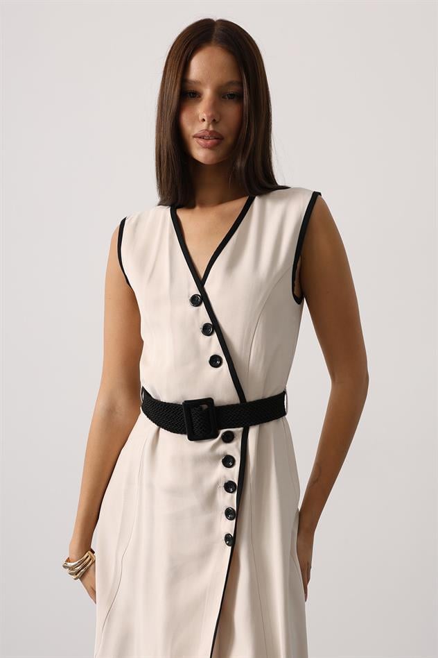 KONTRAST DETAYLI ELBİSE - Bej