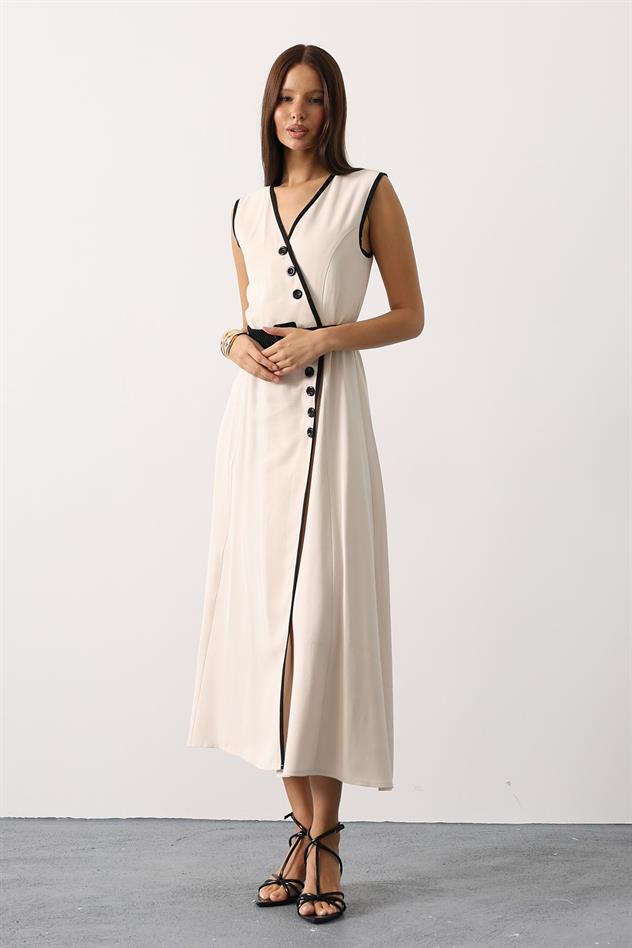 KONTRAST DETAYLI ELBİSE - Bej