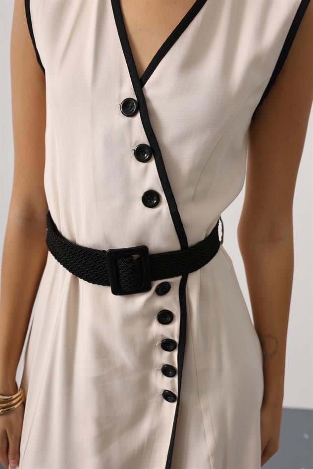 KONTRAST DETAYLI ELBİSE - Bej