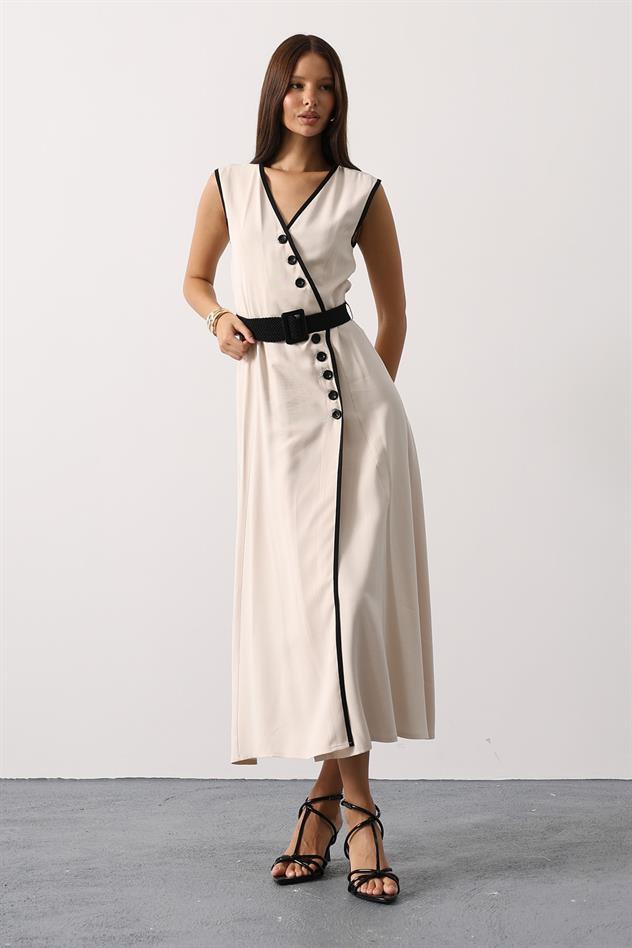 KONTRAST DETAYLI ELBİSE - Bej