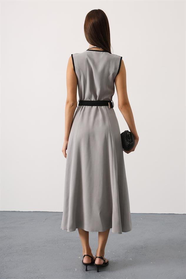 KONTRAST DETAYLI ELBİSE - Gri