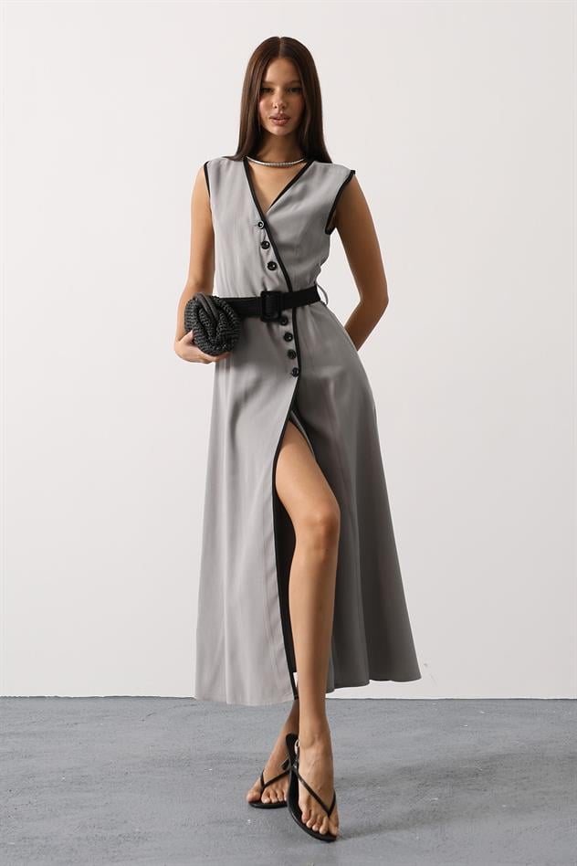 KONTRAST DETAYLI ELBİSE - Gri
