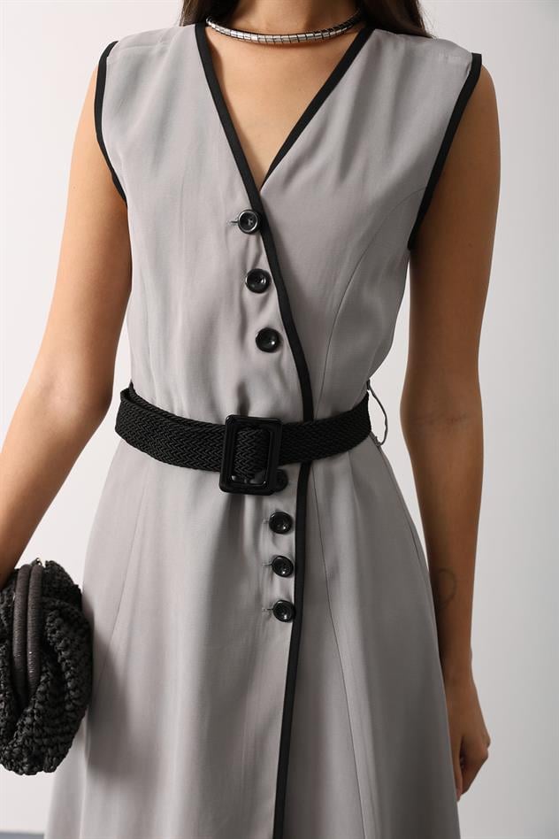 KONTRAST DETAYLI ELBİSE - Gri