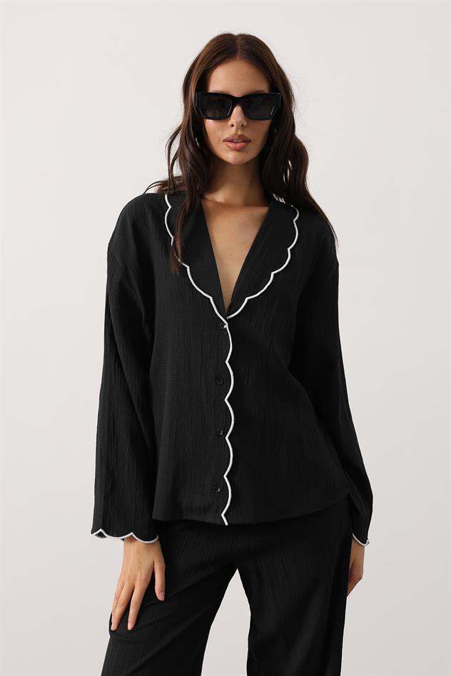 Kontrast Nakış Detaylı Takım - Siyah