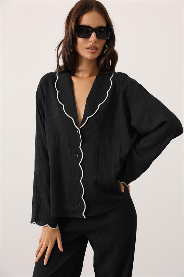 Kontrast Nakış Detaylı Takım - Siyah