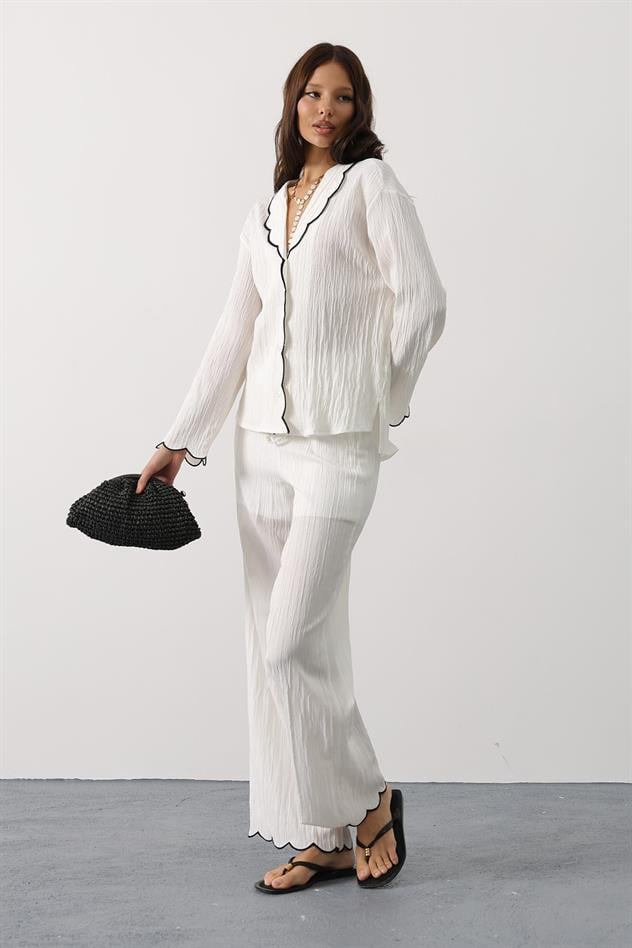 Kontrast Nakış Detaylı Takım - Beyaz