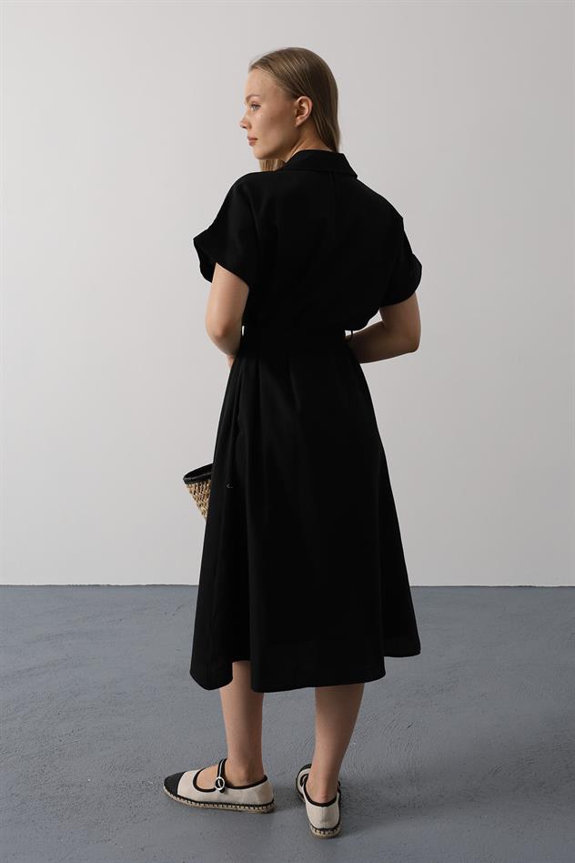 Kuşaklı Cep Detaylı Yarım Kol Elbise - Siyah