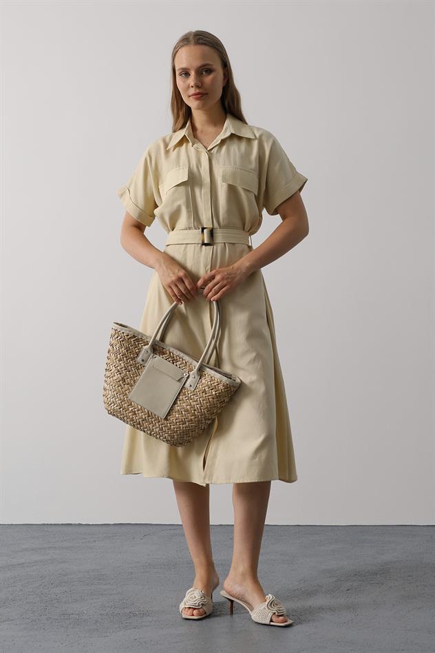 Kuşaklı Cep Detaylı Yarım Kol Elbise - Ekru