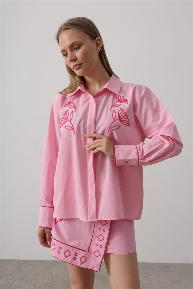 Nakış Detaylı Etekli Takım - Pembe