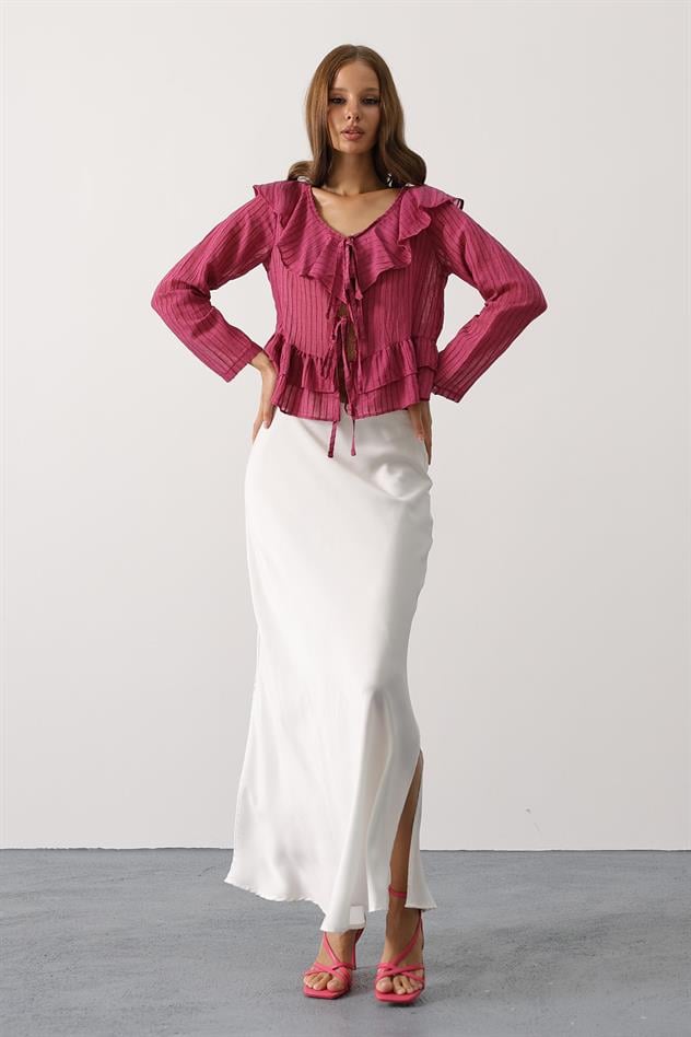 Önleri Fırfırlı Uzun Kol Bluz - Vişne