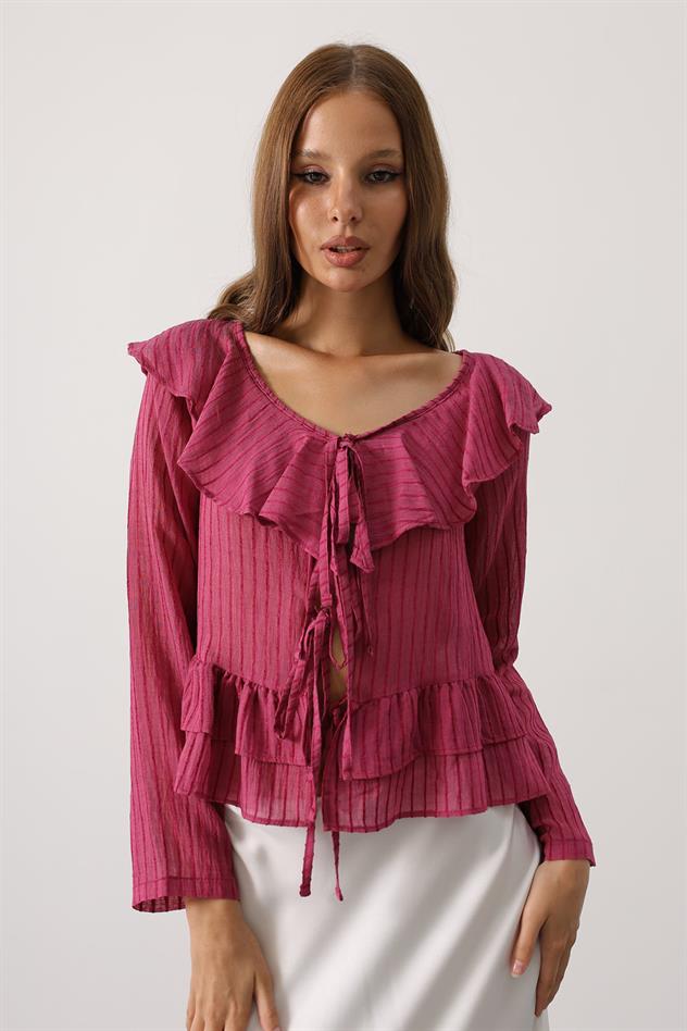Önleri Fırfırlı Uzun Kol Bluz - Vişne