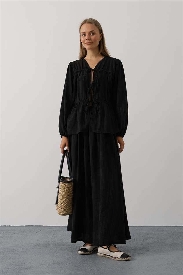 Önü Bağlamalı Etekli Takım - Siyah