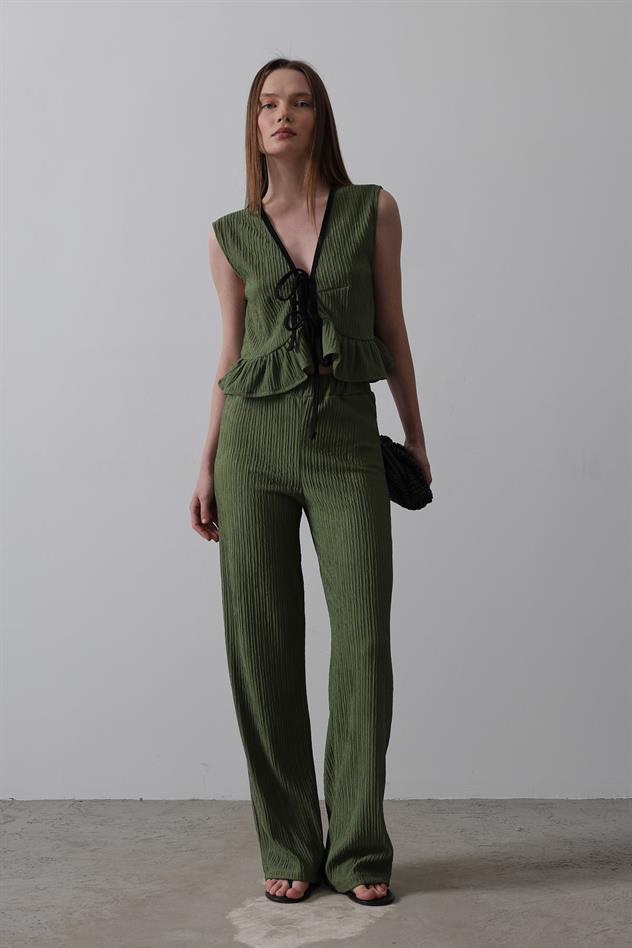 Önü Bağlamalı Volanlı Örme Takım - Haki