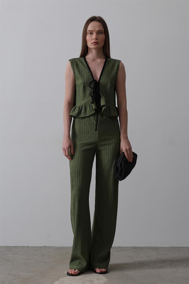 Önü Bağlamalı Volanlı Örme Takım - Haki