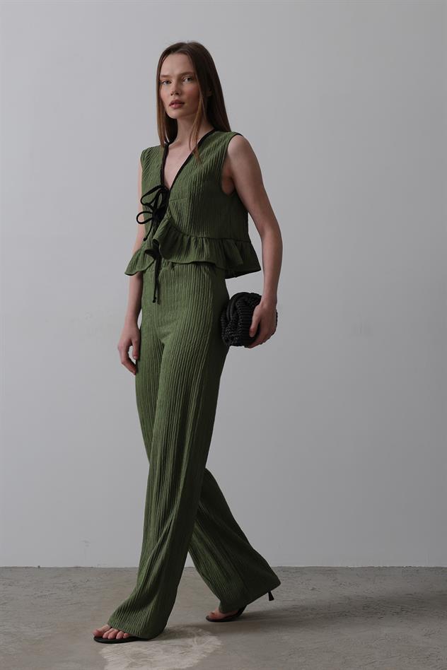 Önü Bağlamalı Volanlı Örme Takım - Haki