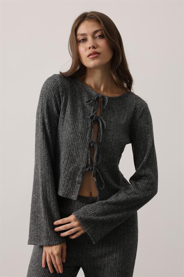 ÖNÜ FİYONLU UZUN KOL BLUZ - Antrasit