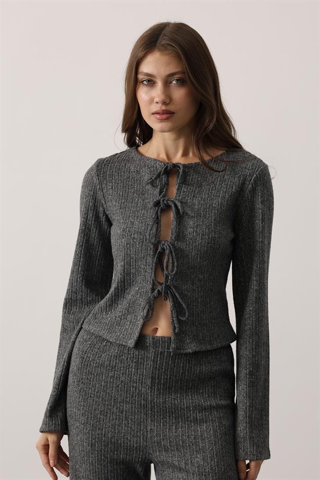 ÖNÜ FİYONLU UZUN KOL BLUZ - Antrasit