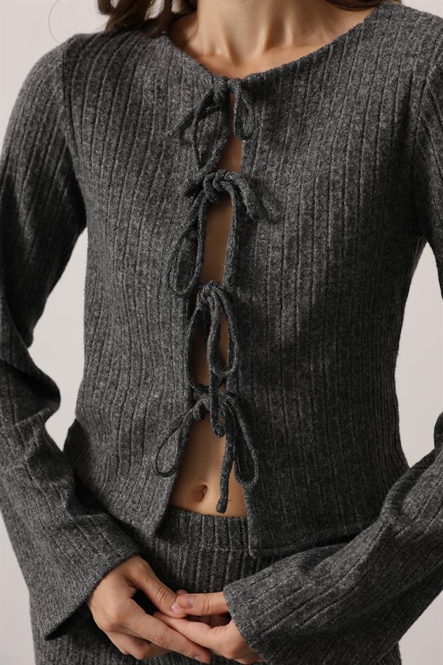 ÖNÜ FİYONLU UZUN KOL BLUZ - Antrasit