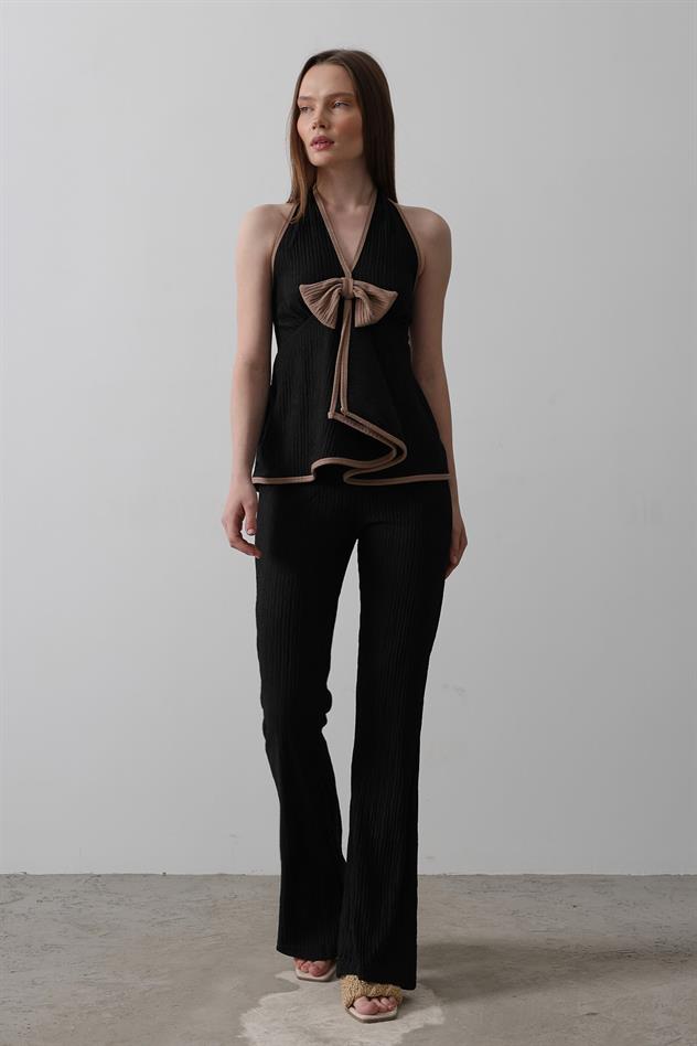 Önü Kelebekli Örme Takım - Siyah